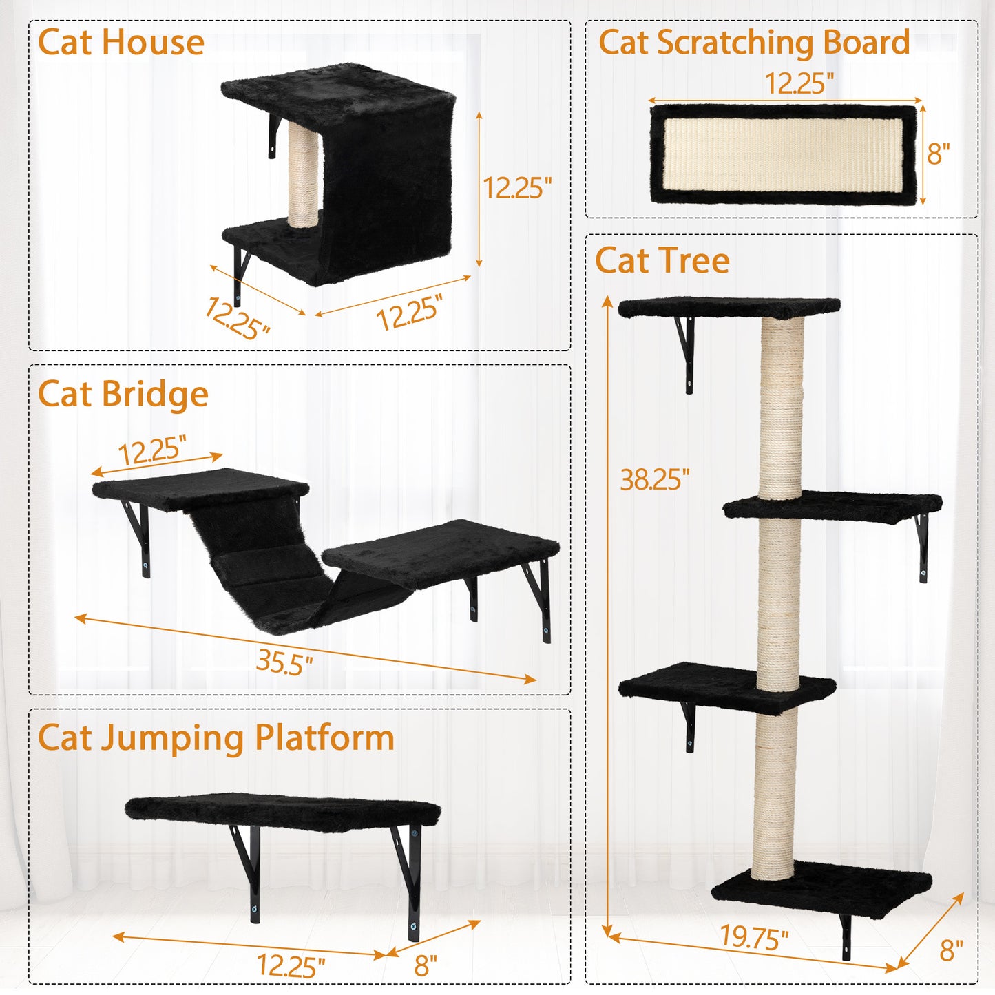 5 Pcs Wall Mounted Cat Climber Set; Floating Cat Shelves and Perches; Cat Activity Tree with Scratching Posts; Modern Cat Furniture
