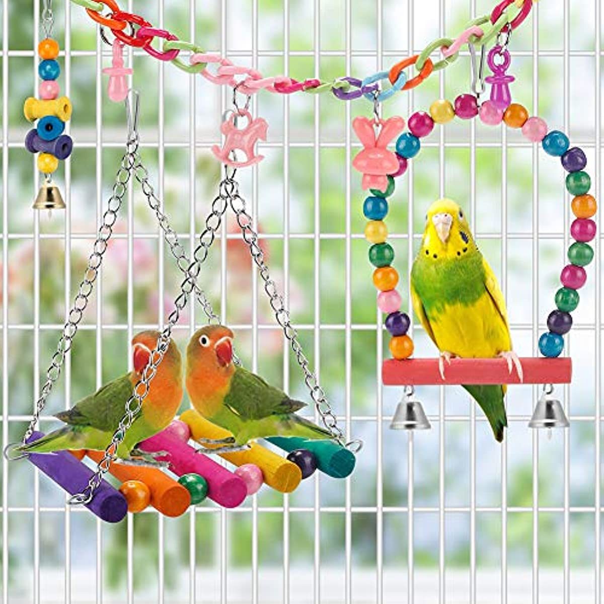 Bird Parakeet Toys; Swing Hanging Standing Chewing Toy Hammock Climbing Ladder Bird Cage Colorful Toys Suitable for Budgerigar; Parakeet; Conure; Cockatiel; Mynah; Love Birds; Finches