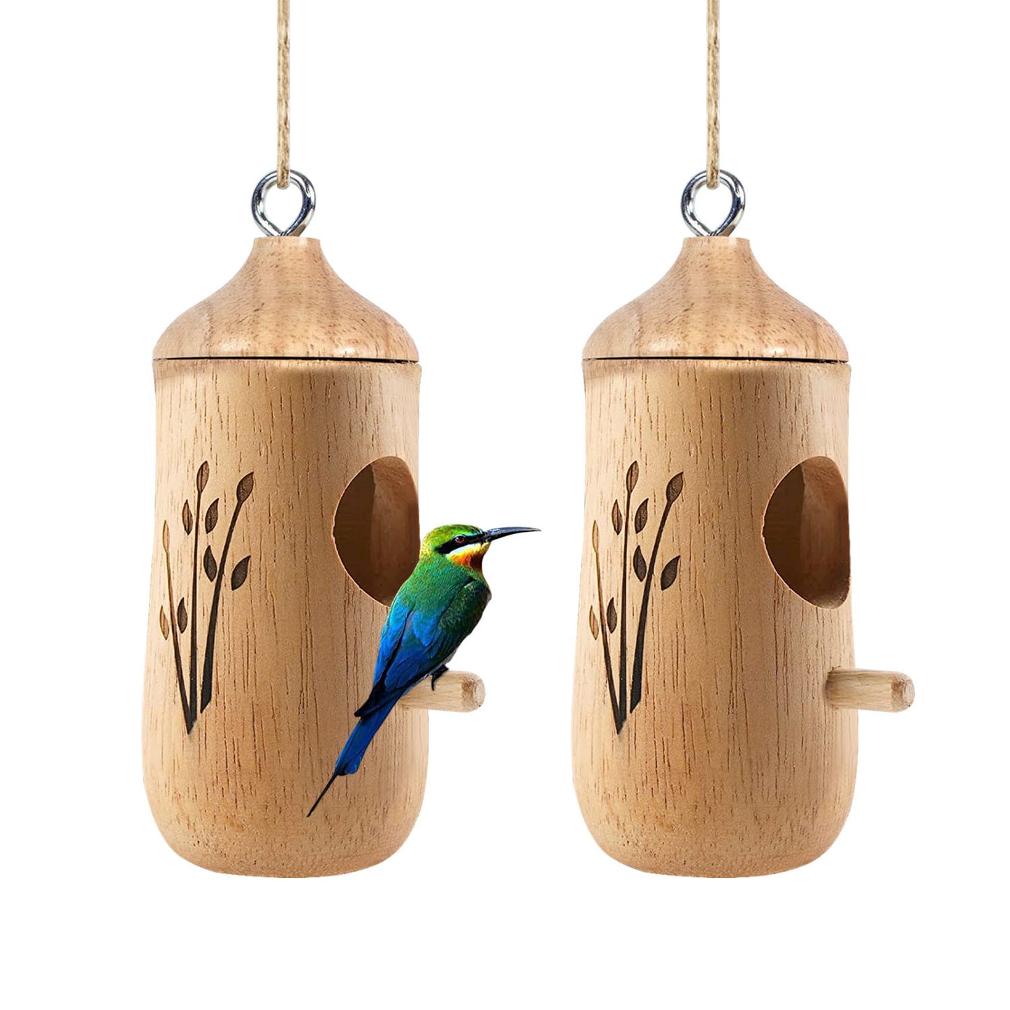 2 Packs Humming Bird Houses for Outside Wooden Hanging Bird Nest Feeder Hand Patio Garden Craft Ornament Decoration