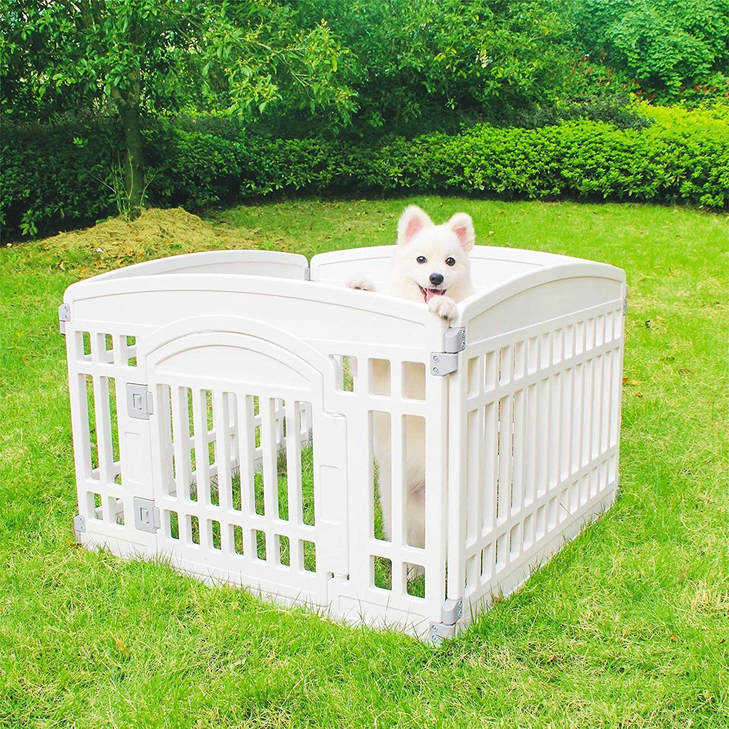 Pet Playpen Foldable Gate for Dogs Heavy Plastic Puppy Exercise Pen with Door Portable Indoor Outdoor Small Pets Fence Puppies Folding Cage 4 Panels Medium Animals House Supplies (33.5x33.5 inches)