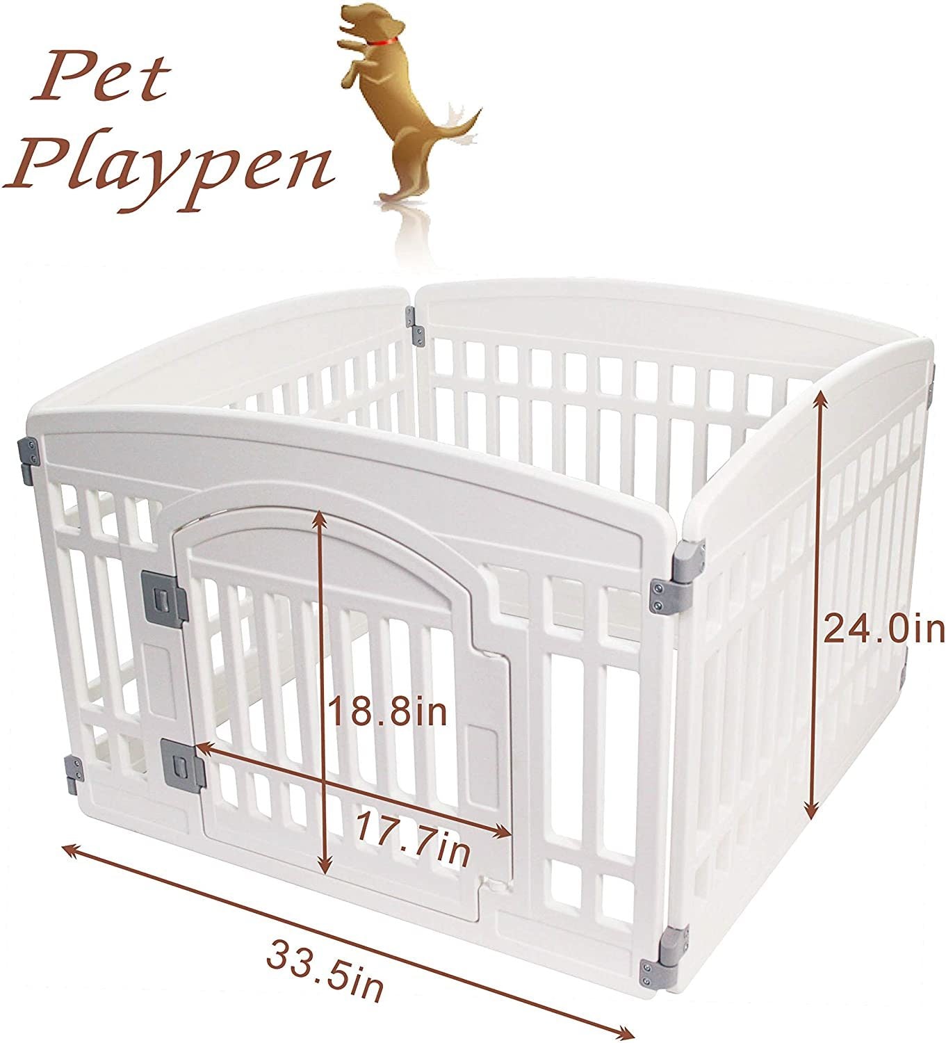 Pet Playpen Foldable Gate for Dogs Heavy Plastic Puppy Exercise Pen with Door Portable Indoor Outdoor Small Pets Fence Puppies Folding Cage 4 Panels Medium Animals House Supplies (33.5x33.5 inches)