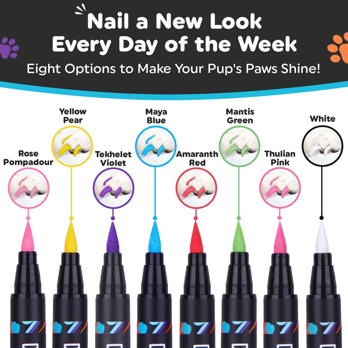 Dog Nail Polish Pens Quick Dry 8 Colors Pet Nail Polish for Dogs or Cats Easy Application Dog Safe Nail Polish Fast Dry Dog Polish Great Girl Dog Accessories or a Puppy Nail Pawlish Set