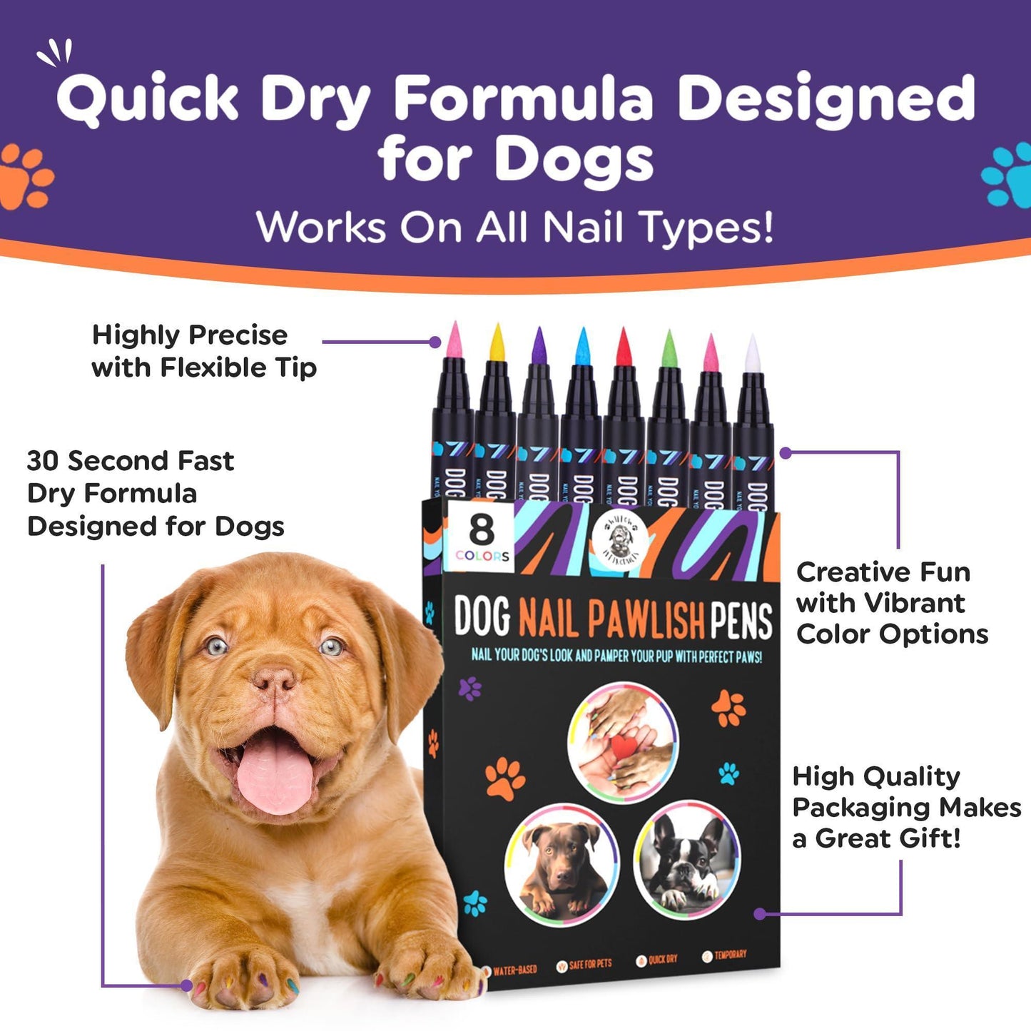 Dog Nail Polish Pens Quick Dry 8 Colors Pet Nail Polish for Dogs or Cats Easy Application Dog Safe Nail Polish Fast Dry Dog Polish Great Girl Dog Accessories or a Puppy Nail Pawlish Set