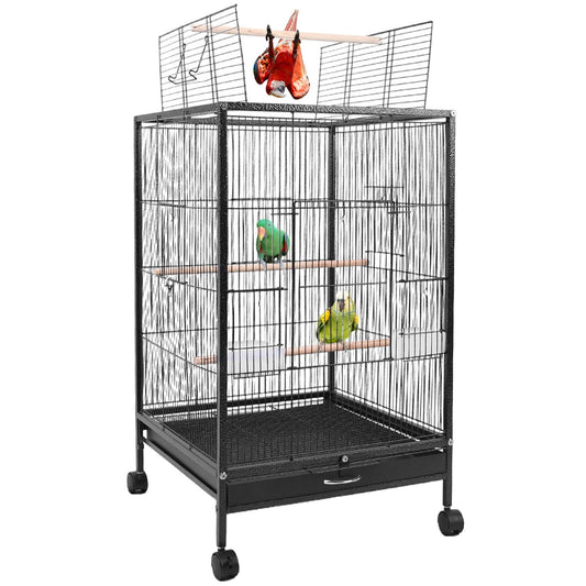 30.31In Height Bird Cage With Rolling Stand Bottom Tray Wrought Iron Wide Top Opening Large Bird Cage