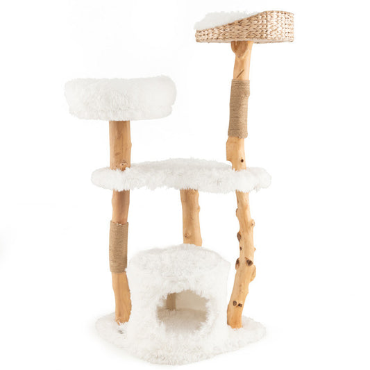 Solid Wood Cat Tower with Top Cattail Basket Cat Bed for Indoor Cats