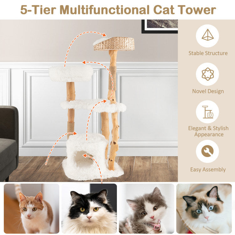 Solid Wood Cat Tower with Top Cattail Basket Cat Bed for Indoor Cats