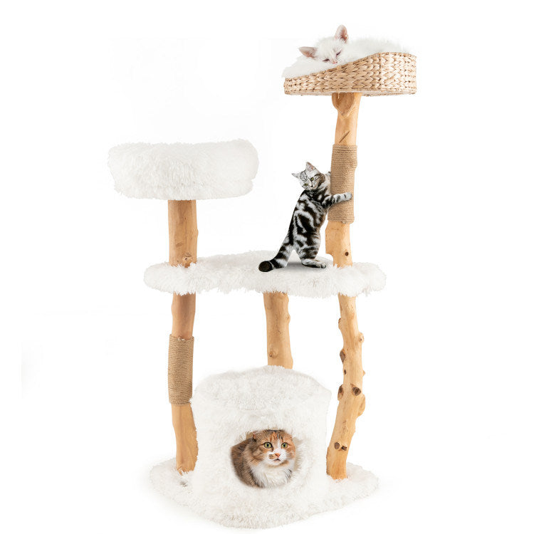 Solid Wood Cat Tower with Top Cattail Basket Cat Bed for Indoor Cats