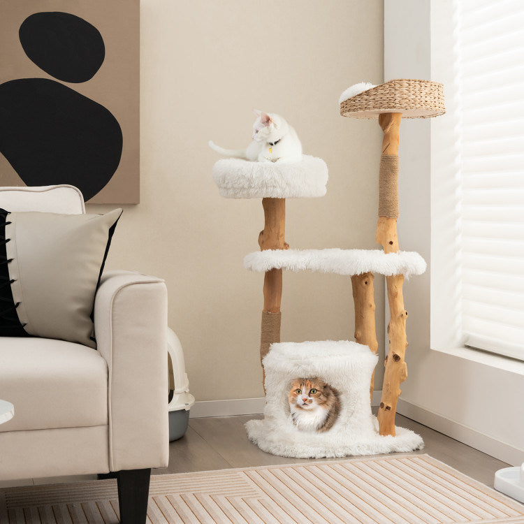 Solid Wood Cat Tower with Top Cattail Basket Cat Bed for Indoor Cats