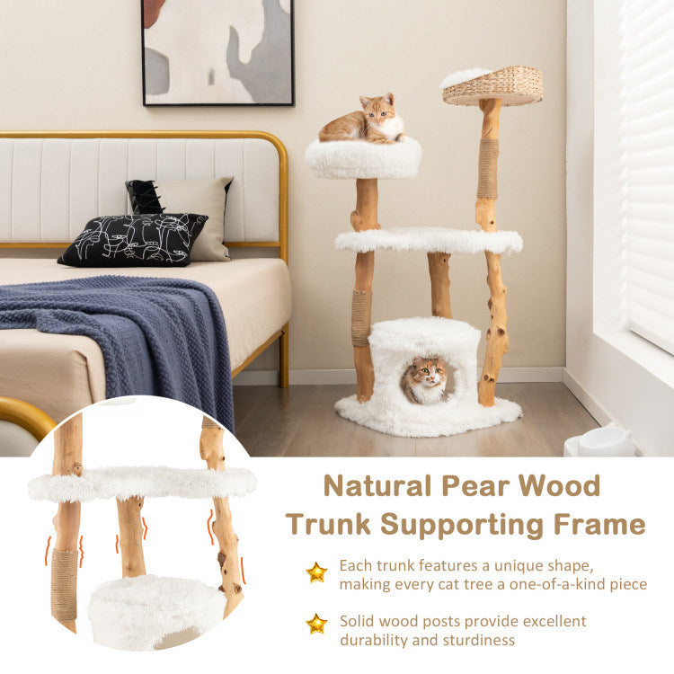 Solid Wood Cat Tower with Top Cattail Basket Cat Bed for Indoor Cats