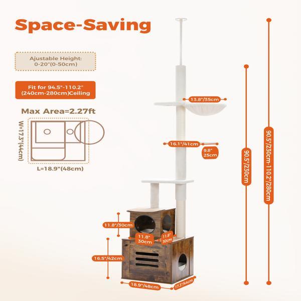 Cat Tree Floor to Ceiling Cat Tower for Indoor Cats, Cat Condo for Indoor Cats Adjustable Height 90.6-110.2", 6 Tiers Modern Cat Tree with Litter Box Enclosure, Scratching Post, Brown