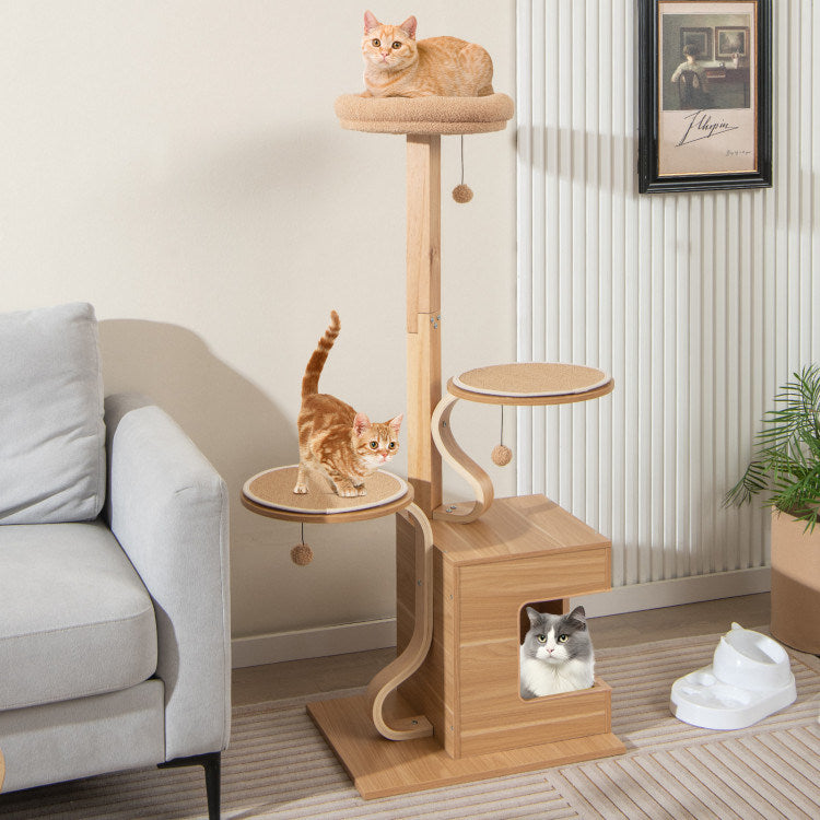 4-Layer Wooden Cat Tree 51" Tall Cat Tower with Condo and Washable Cushions