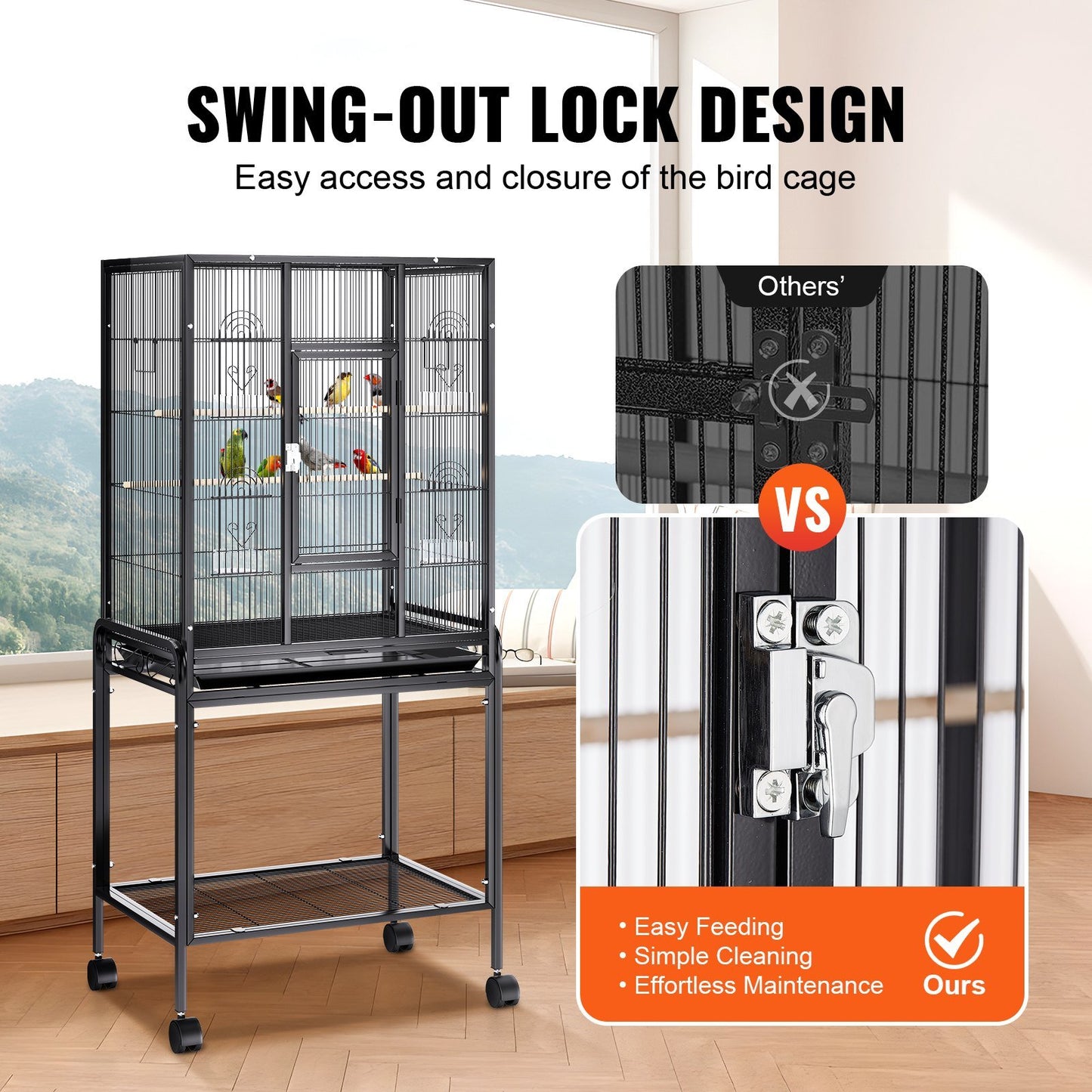 VEVOR 54 inch Standing Large Bird Cage, Carbon Steel Flight Bird Cage for Parakeets, Cockatiels, Parrots, Macaw with Rolling Stand and Tray